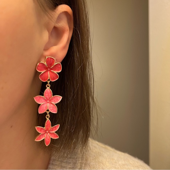 Three Tier Pink Floral Flower Drip Oil Enamel Drop Earrings NEW - Picture 6 of 8